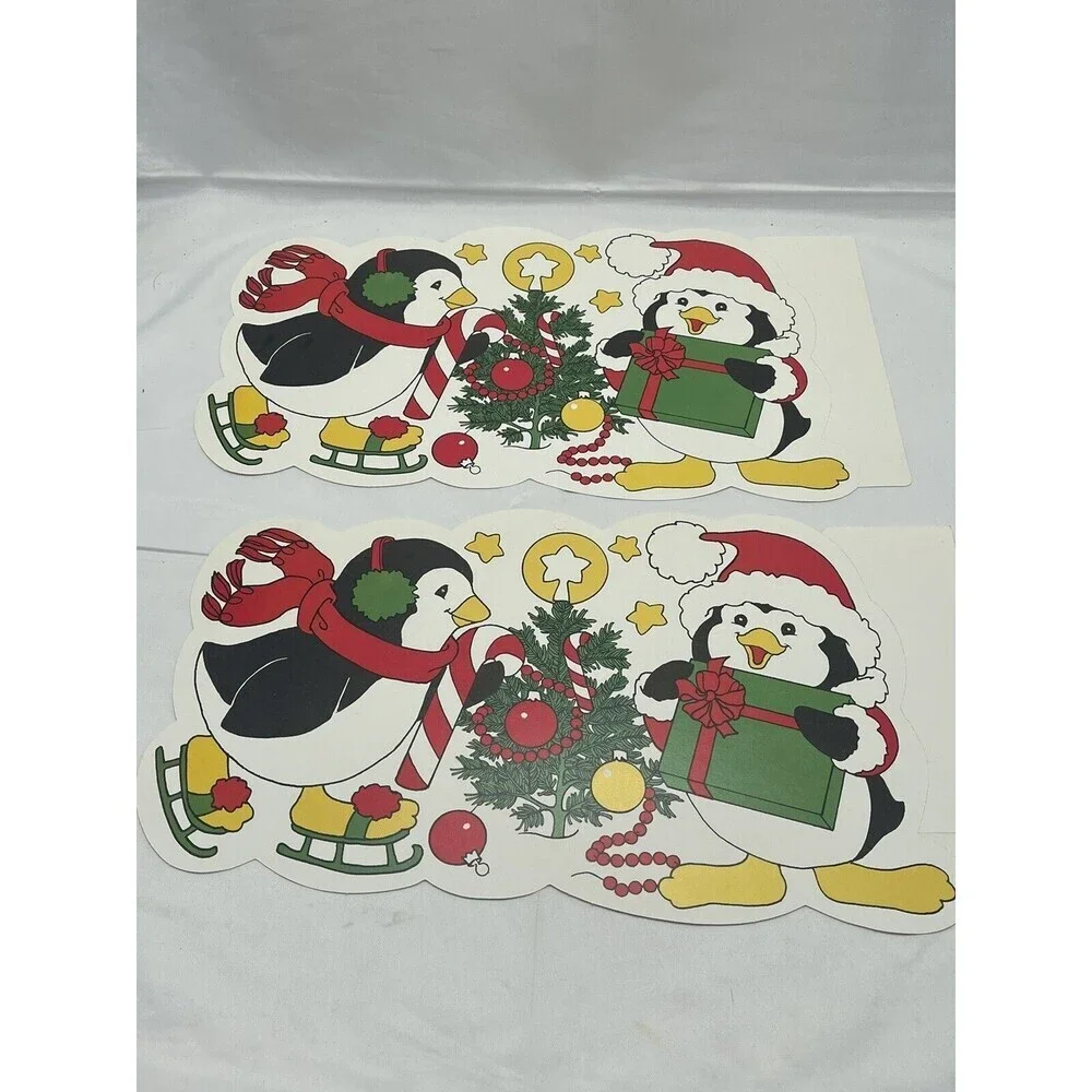 Vintage Eureka 2 Penguins Die Cut Christmas Decorations Double Sided 15” X 8”